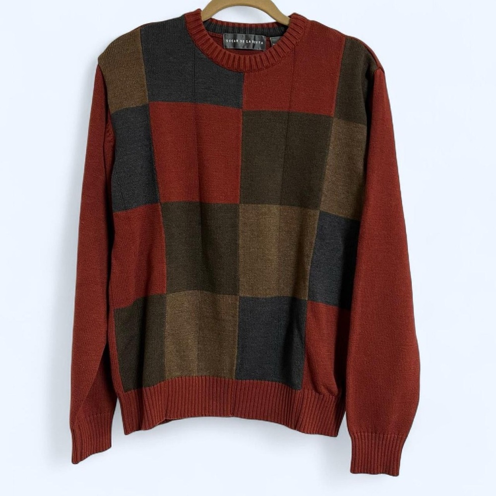 Oscar de la Renta Men's Orange and Brown Patchwork Crewneck Sweater